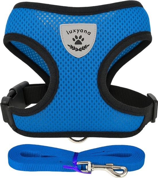 Luxyana Hondenharnas - S - 28-32cm - Geschikt voor Kleine Honden (oa Chihuahua, Pomeriaan) en Katten - Easy Step-in Honden Harnas - Inclusief Bijpassend Riempje - Blauw
