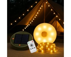 Niba® Solar Camping Lamp Groot met 10m LED Lichtsnoer – 3600mAh Accu – Oplaadbaar via Zonnepaneel & USB-C – Warm Wit – Inclusief Afstandsbediening & Powerbank – String Lights voor Tent, Camper & Tuin