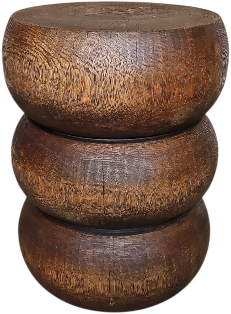 Massief Teakhouten Bijzettafel Rond Ø35cm | Sculptuur Drie Bollen Design | Handgemaakt uit Indonesië