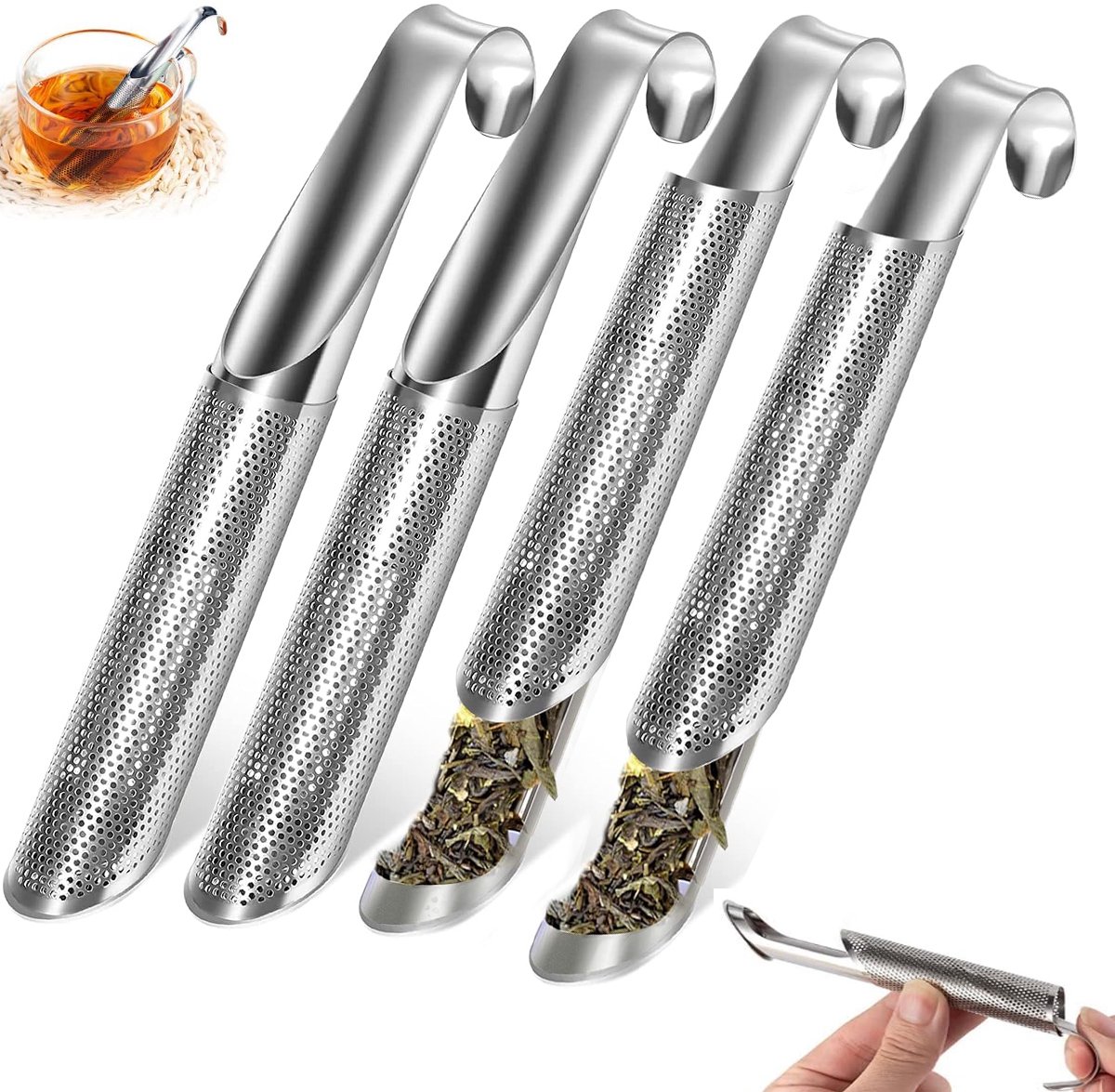 Gsedaox-Theezeef-4stuks-Theefilter-RVS-Theefilter voor losse thee-Thee infuser-Thee Filter Voor Losse Thee-Fijnmazig Theefilter-Thee Pijp
