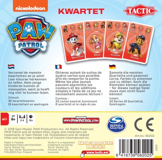 Tactic PAW Patrol Kwartet – Kaartspel – Kinderspel – Vanaf 4 jaar – 2-4 spelers