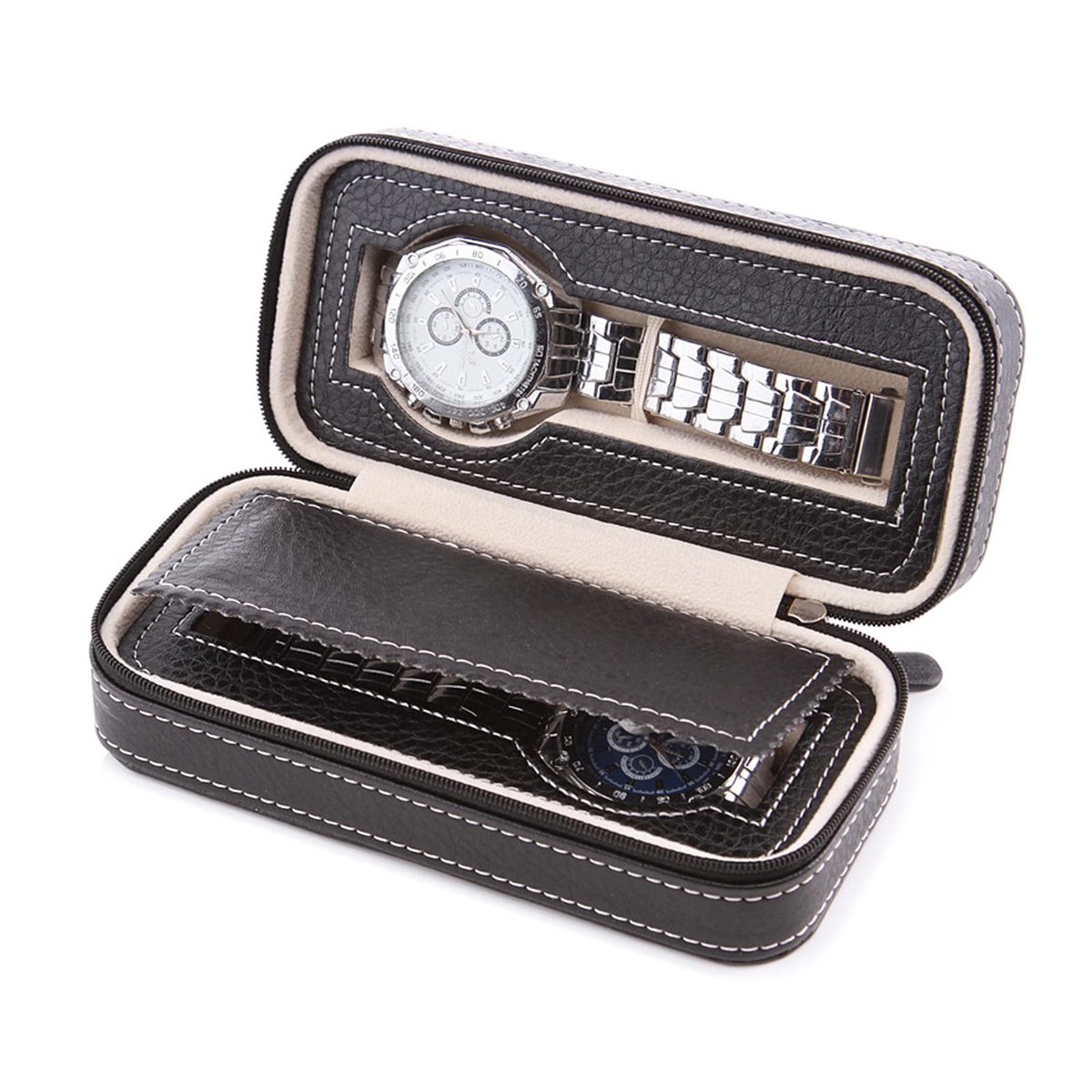 Horloge reisdoos, heren reishorloge doos, PU leren opbergdoos met rits, horloge opbergdoos, 2 groeven draagbare reishorloge ritsdoos, geschikt voor woonkamer slaapkamer en reizen