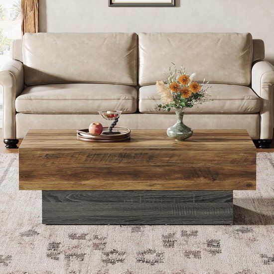 HSH Vierkante salontafel, rustieke houten salontafel voor woonkamer, boerderij middentafel met kattenhuiskussen, industriële opslag cocktailtafel voor thuiskantoor, slaapkamer, rustiek eiken, 90 cm