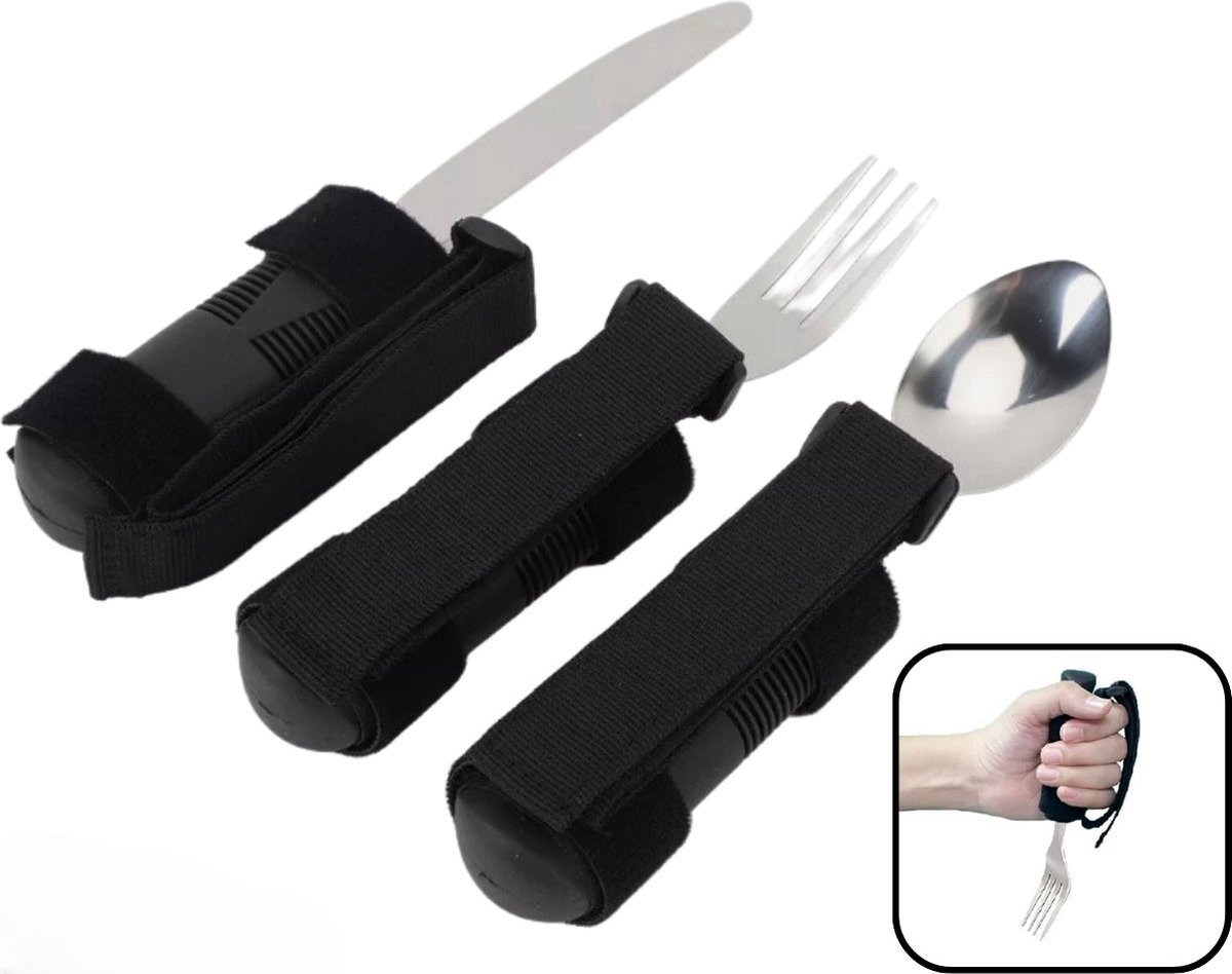 Bestek set met bandje - Verdikt handvat - Verdikt bestek - Reuma - Voor parkinson - Aangepast bestek - 3-delig - Comfortabele soft grip - Modern - Set - Tril bestek - Grip bestek – Zwart