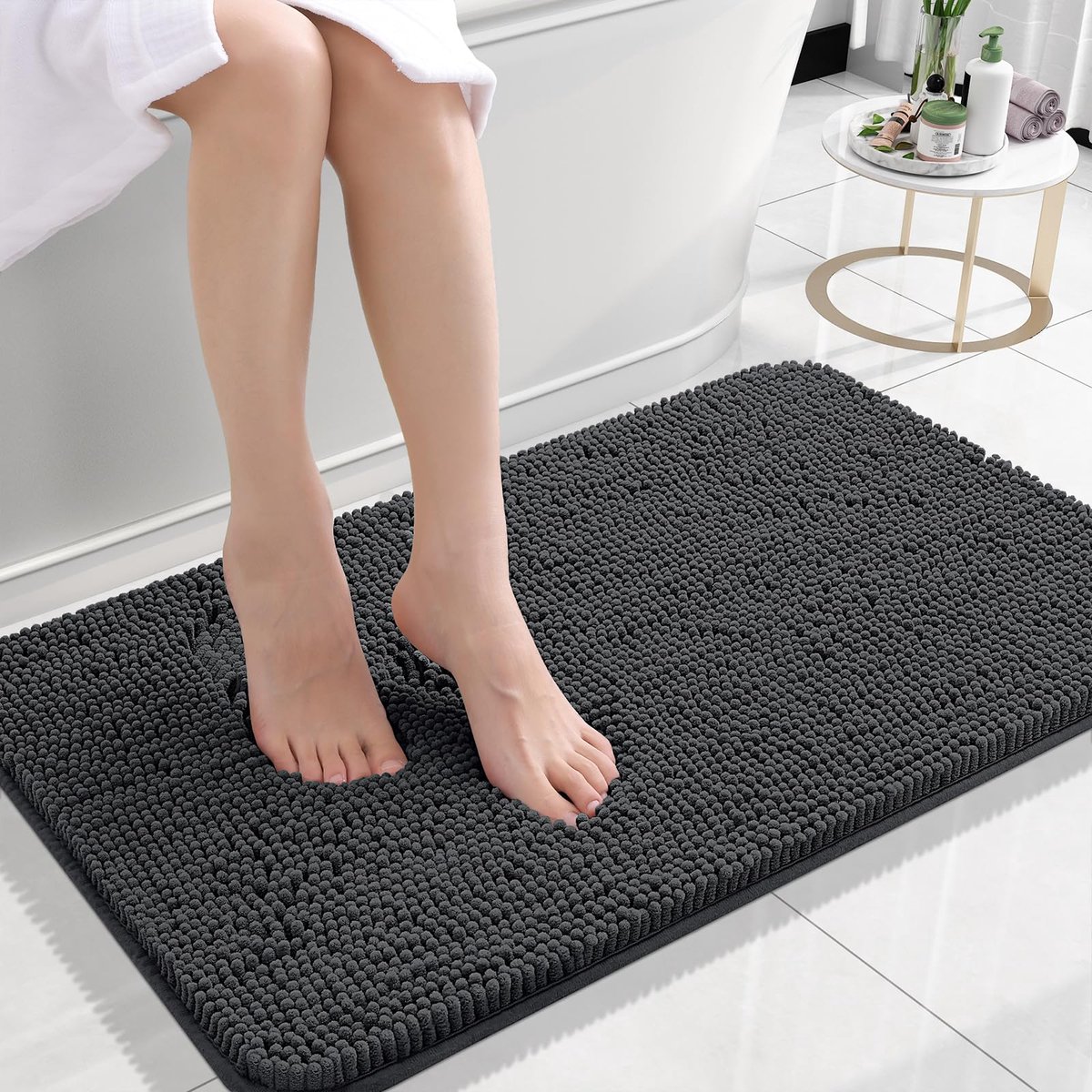 Badmat Antislip – Douchemat – Badmat Badkamer – Vloermat - Chenille badmat - Donkergrijs - 51x76 cm