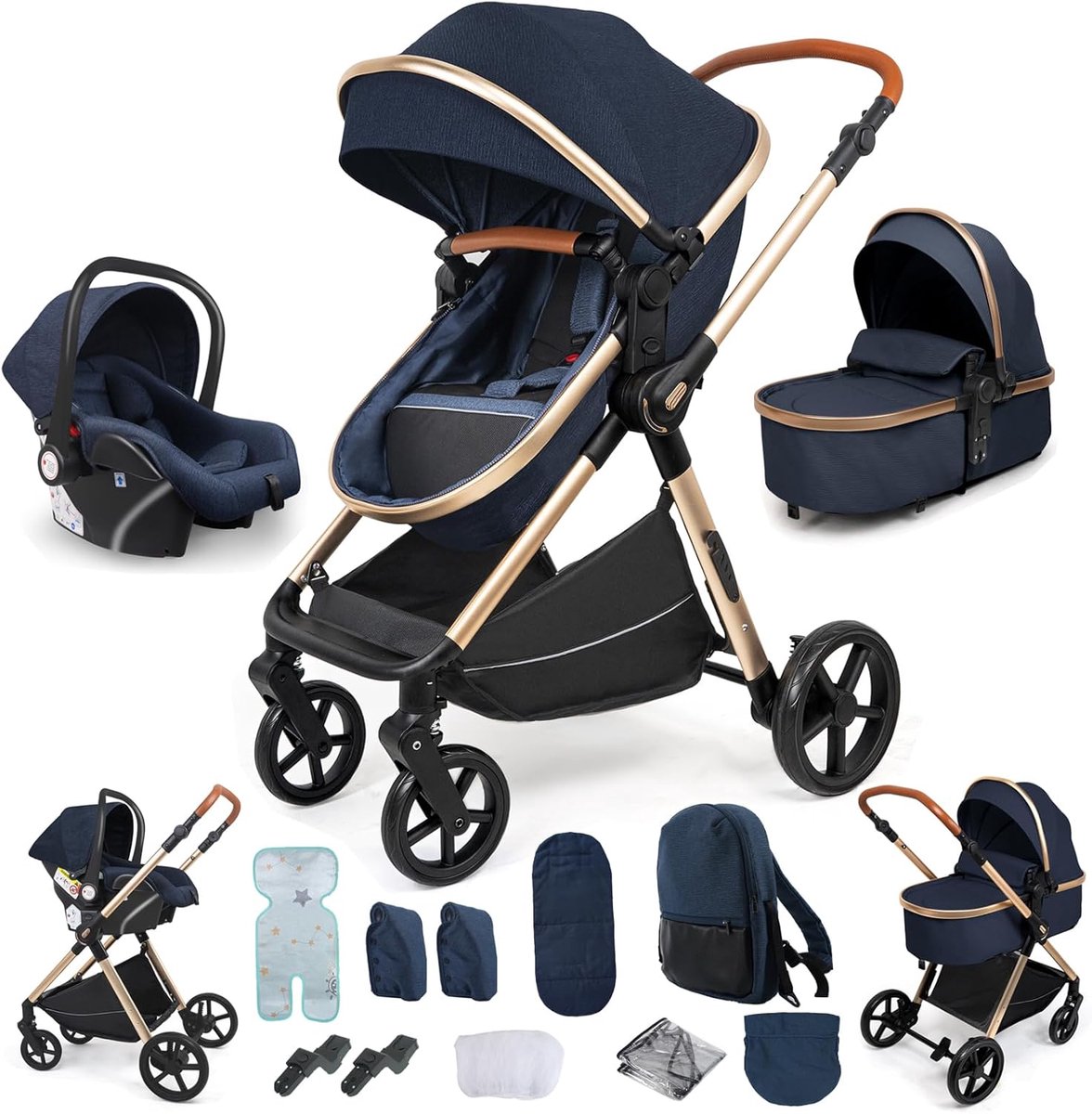 Image of 3-in-1 Kinderwagen met Omkeerbare Schuifmodi en Eén Klik Vouwontwerp