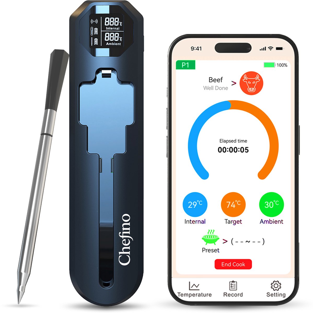 Chefino Draadloze Vleesthermometer – Bluetooth 5.3 BBQ Thermometer met App – Oventhermometer – Digitale Kernthermometer voor Grillen, Braden, Oven, Inductie en BBQ – Tot 250m Bereik
