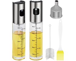 PromoHome Olie Spray Fles 2-Pack, 100ml Olijfolie Sprayer Oliesproeier, Olieverstuivers voor Koken Air Fryer Keuken, Glazen Olieverdeler Lekvrij met Grote Trechter en Reinigingsborstel