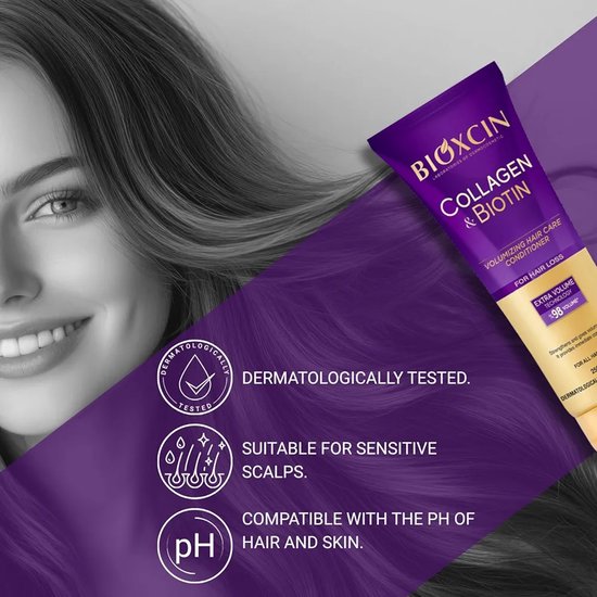 Paarse tube Bioxcin Collagen & Biotin conditioner, met gouden dop. Naast de tube, een vrouw met lang, golvend haar. Dermatologisch getest, geschikt voor gevoelige hoofdhuid.
