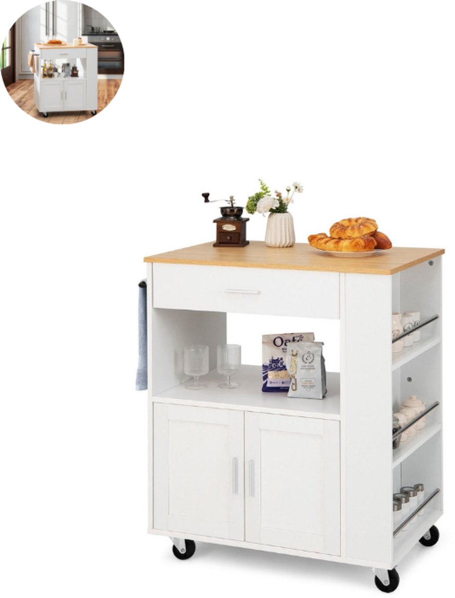 Keukeneiland - Verplaatsbaar - Keukenkast - Dressoir - Organizer - Houten Werkblad - 2 Deuren - Wit