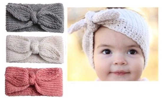 Gebreide Baby Meisjes Haarbandjes - Roze Grijs Crème - 3-18 mnd - 4 stuks