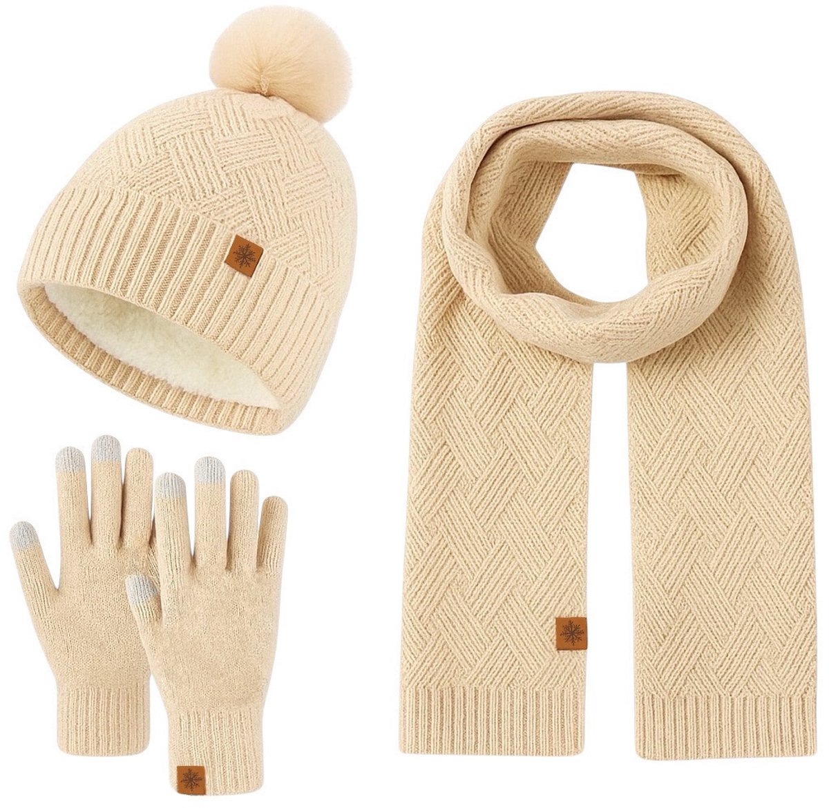 Ultiluxe® Winterset voor dames - Muts, sjaal en handschoenen - Beige - 3-delige set - Volwassenen - Gevoerde beanie met pompom - Lange sjaal - Touchscreen handschoenen - Warme winteraccessoires voor vrouwen - Tegen kou en wind