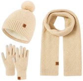 Bequemer Laden Dames wintermuts lange sjaal touchscreen handschoenen set warme beanie hoeden nekwarmer gebreide caps met pompon fleece gevoerd geschenken voor vrouwen, mintgroen, one size