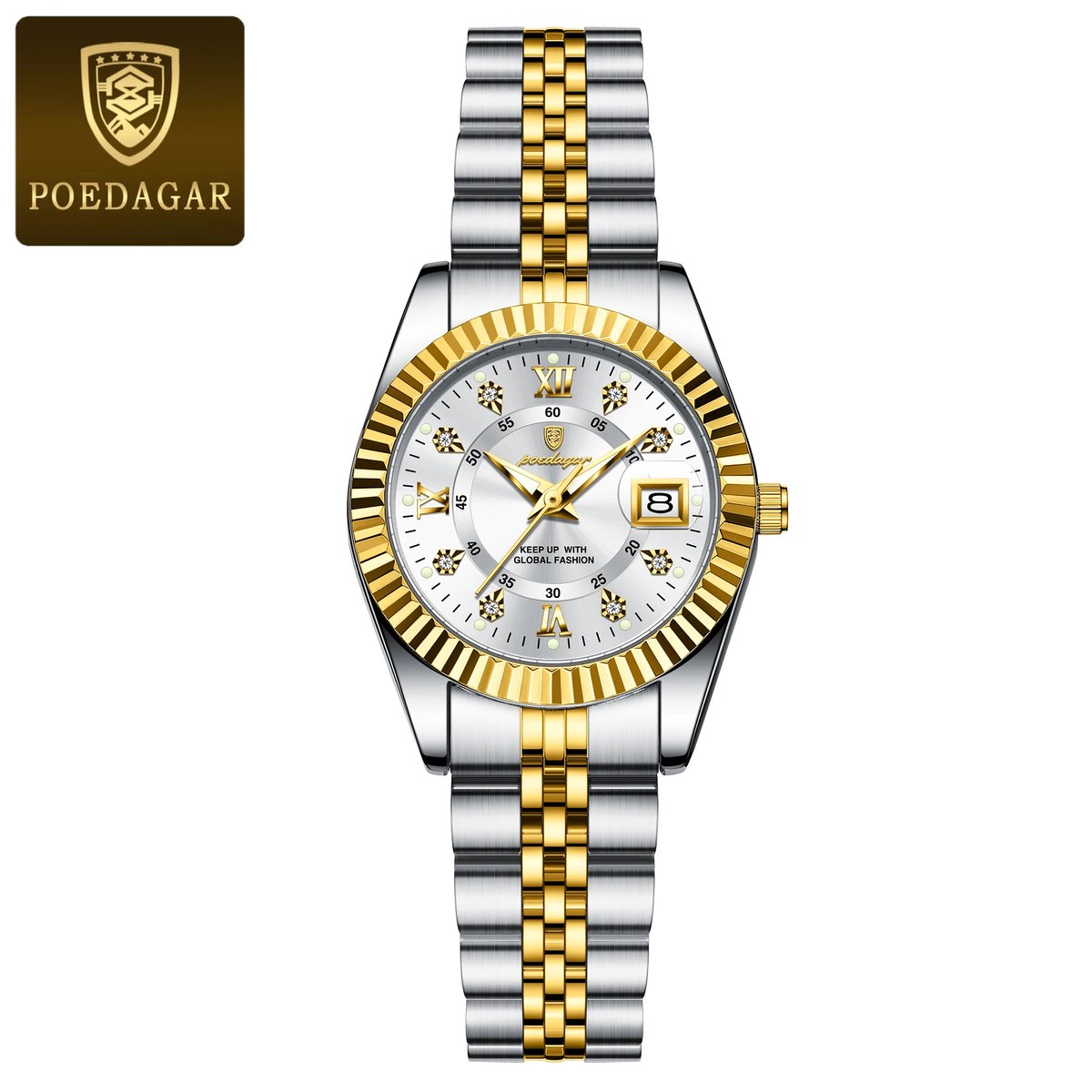 POEDAGAR 780 dameshorloge (Goud , Zilver Wit) | Rond Dames Polshorloge | Luxe Quartz Horloge | Waterdicht Lichtgevende -Kwarts Horloges RVS Band Met Lichtgevende Wijzers, Datumweergave, Blauwe Wijzerplaat, Perfect Voor Zakelijk En Casual| ⌀ 28mm