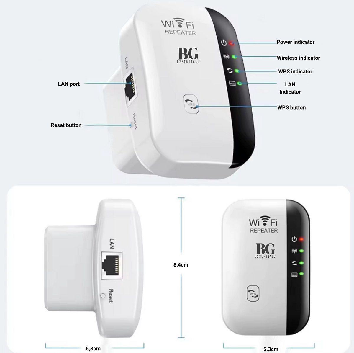 Afbeelding 3 van BG essentials ® WiFi Versterker Stopcontact Wit - Inclusief Internet Kabel - Handleiding - Repeater - 300Mbps - Draadloos - Extender