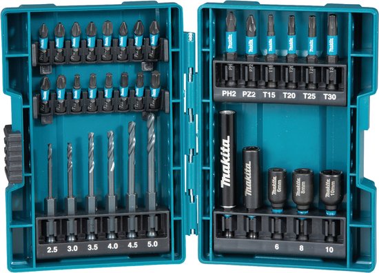 Coffret Makita turquoise avec set de 33 embouts et forets. Embouts noirs et bleus, forets argentés.