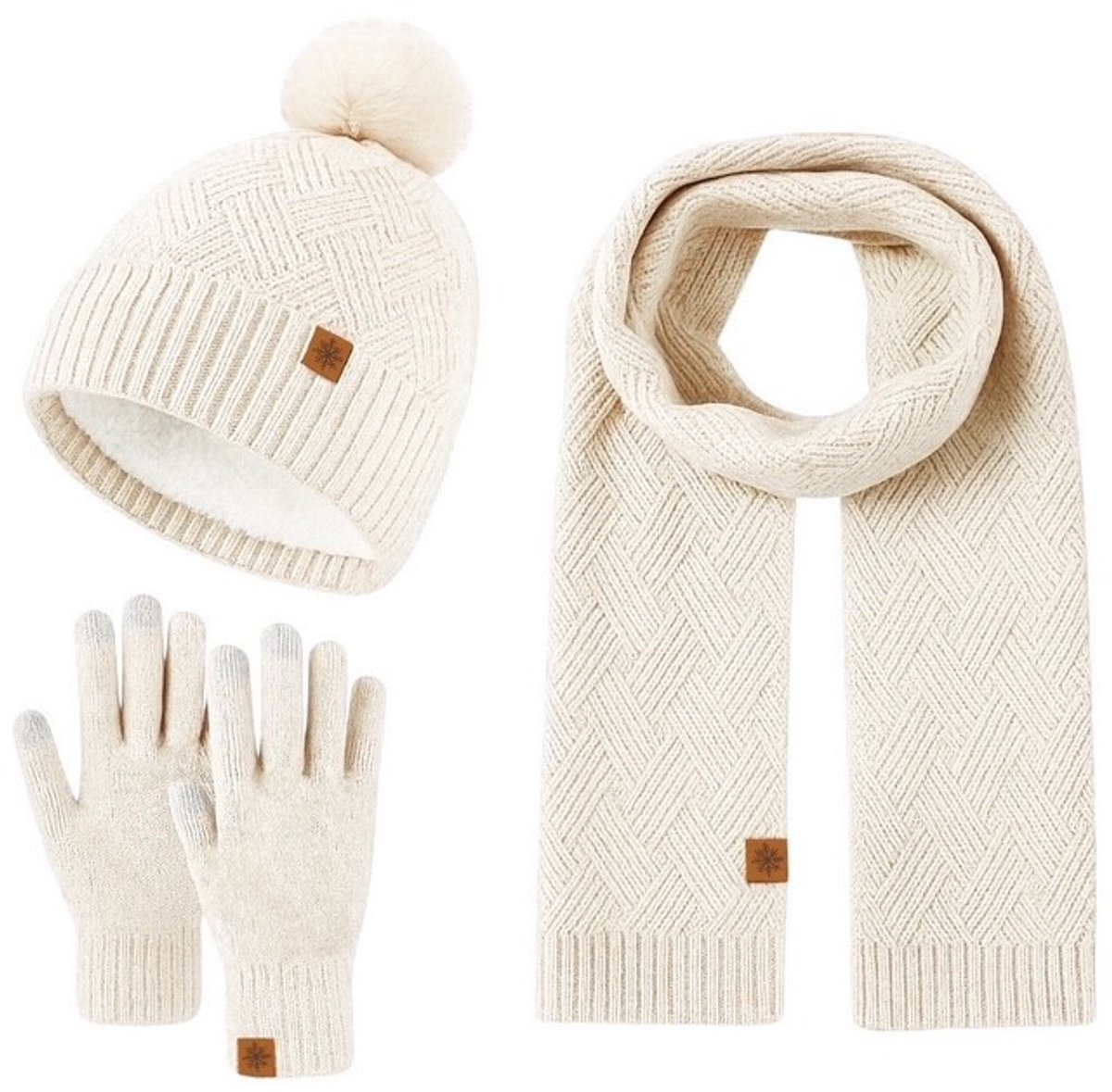 Ultiluxe® Winterset voor dames - Muts, sjaal en handschoenen - Wit/creme - 3-delige set - Volwassenen - Gevoerde beanie met pompom - Lange sjaal - Touchscreen handschoenen - Warme winteraccessoires voor vrouwen - Tegen kou en wind