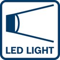 Blauw logo met witte lijnen die een lichtstraal voorstellen en "LED LIGHT" tekst.