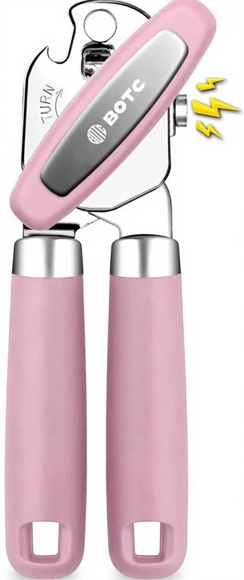 Roze blikopener met zilverkleurige details en een zilverkleurige draaiknop met merknaam.