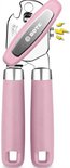 Roze blikopener met zilverkleurige details en een zilverkleurige draaiknop met merknaam.