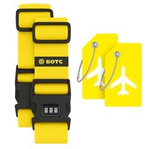 BOTC Kofferriem met Cijfer Slot - 4 stuks - 2 Kofferriem met cijferslot + 2 bagagelabels - 200 cm * 5 cm - Bagage Riem - Bagageband - Verstelbaar - Geel