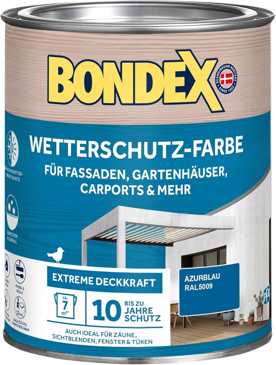 Bondex Weerbestendige Verf Azuurblauw (RAL 5009) 0,75 L voor 7 m² | Extreem dekkend | Uitstekende weersbestendigheid | Zijdeglans | Weerbestendige verf | Houtverf