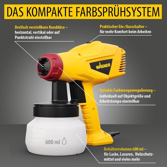 Geel Wagner verfspuitsysteem met rode accenten en een 600ml reservoir.