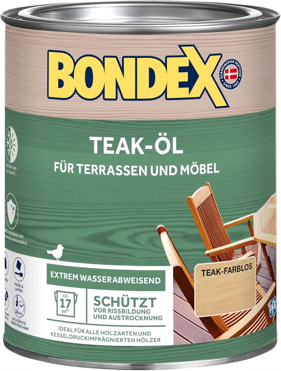 Bondex Teakolie Kleurloos 0,75 L voor 17 m² | Extreem waterafstotend | Beschermt tegen scheuren en uitdroging | Ademend | Mat | Houtolie | Houtbescherming