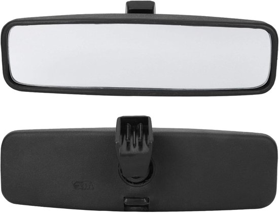 Zwarte achteruitkijkspiegel met clip-on bevestiging, plat en panorama.
