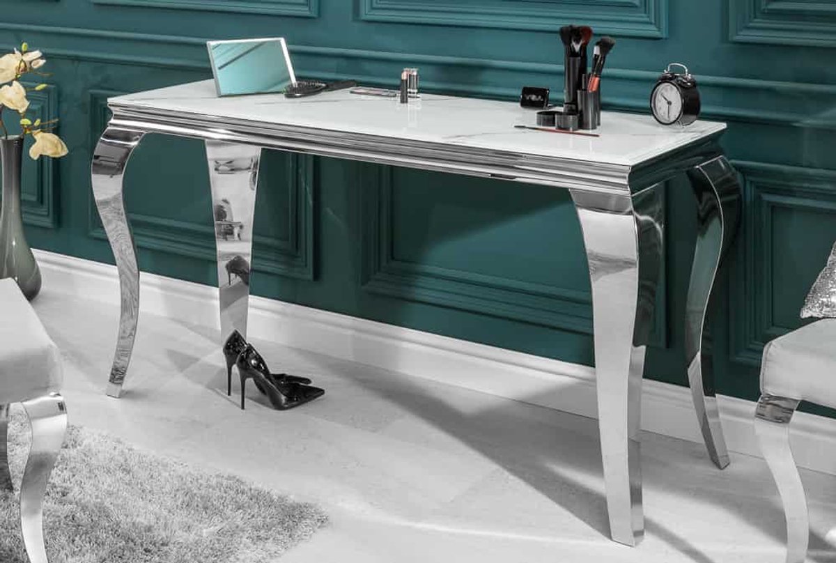 Elegante consoletafel MODERN BAROQUE 145cm met glazen blad marmerlook roestvrijstalen poten - 39997