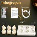 Inhoud van de verpakking: 6x witte led-theelichtjes, oplader, afstandsbediening, handleiding.