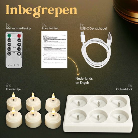 Inhoud van de verpakking: 6x witte led-theelichtjes, oplader, afstandsbediening, handleiding.