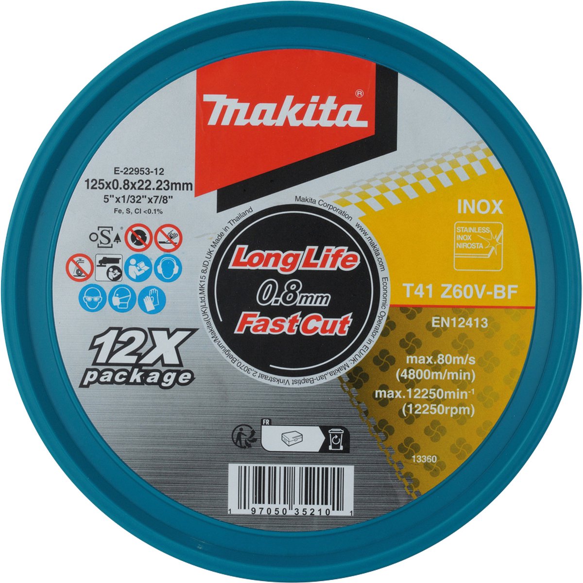 Makita E-22953-12 Doorslijpschijf RVS | 125 x 22,23 x 0,8 mm | 12 stuks