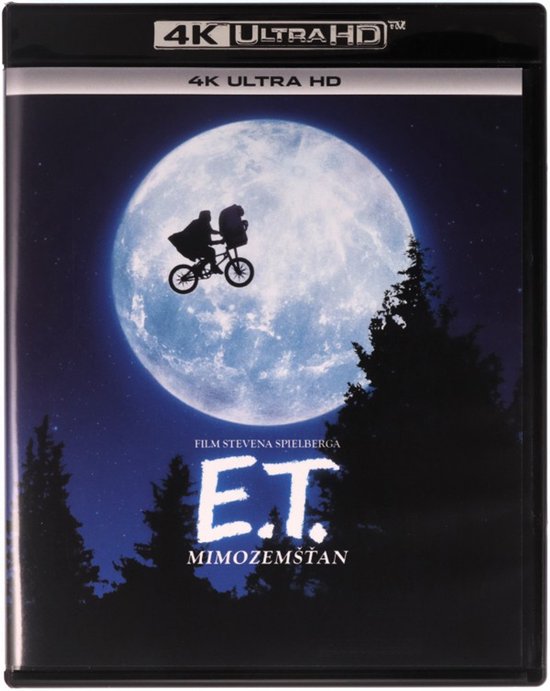 De voorkant van de 4K Ultra HD Blu-ray hoes van E.T. de Extra-Terrestrial, met E.T. en Elliott op de fiets voor een grote maan.