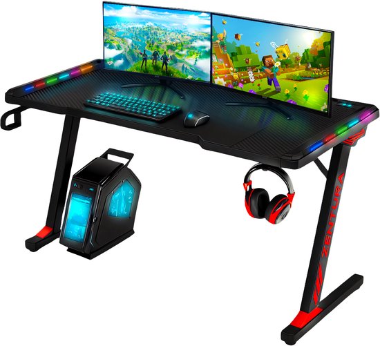 Zentura Game Bureau Met LED Verlichting - 120x60x73 CM - Game Desk - Gaming Bureau - Gaming Desk - Computerbureau - Gaming Bureaus - kerst cadeautjes