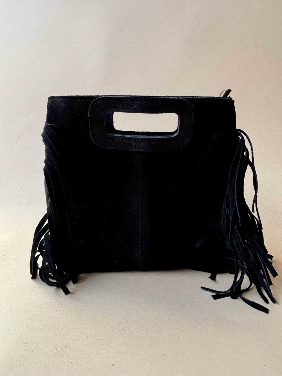 Schoudertas | ZWART | Echt Suede Leer | Cowgirl stijl | 25 cm x 20 cm | Franjes | Cowboy | Handtas | Schoudertas | Accessoire Fashion Trending | Zak | Handig | Gadget | Tas | Purse | Make up | Accessoires | Dames | Festival | Vrouw | Carnaval | Mode