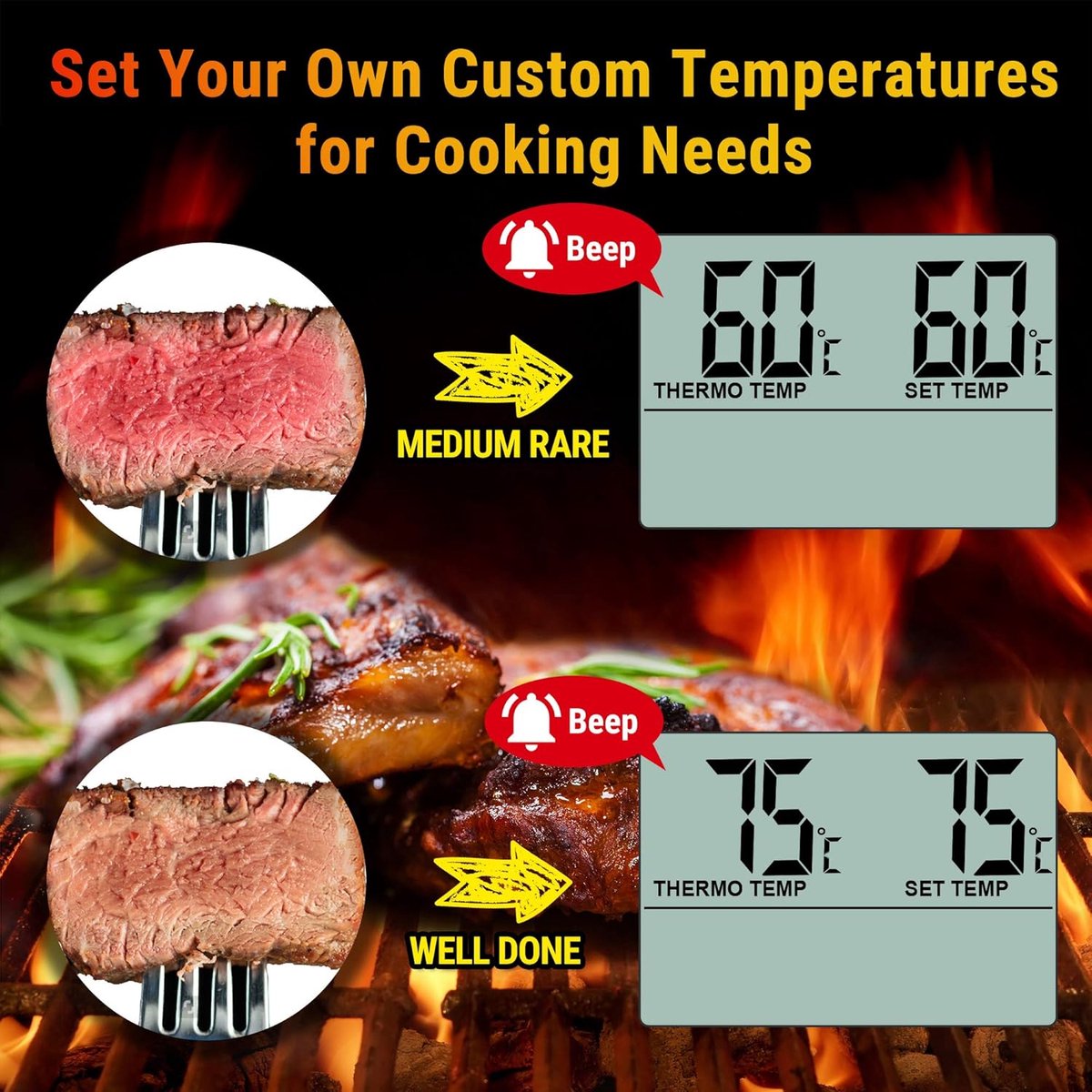 Digitale keukenthermometer met sonde en timer - groot lcd-scherm - temperatuursonde voor koken - BBQ levensmiddelen - vlees - oven - grill - nauwkeurige metingen — cadeau in Kookcadeaus - foto 4
