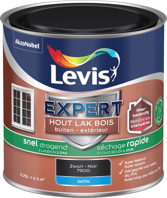 Boîte Levis Expert Vernis Bois Extérieur Séchage Rapide Satin Noir 7900, 0,25L.