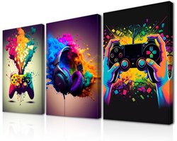 Allecto plus - Set van 3 Ingelijste Gaming Wall Art Posters voor Tiener Jongens Kamer - Kleurrijk Ontwerp met Hoofdtelefoon en Gamepad - Decoratieve Video Game Posters - Afmetingen 12x16 inch