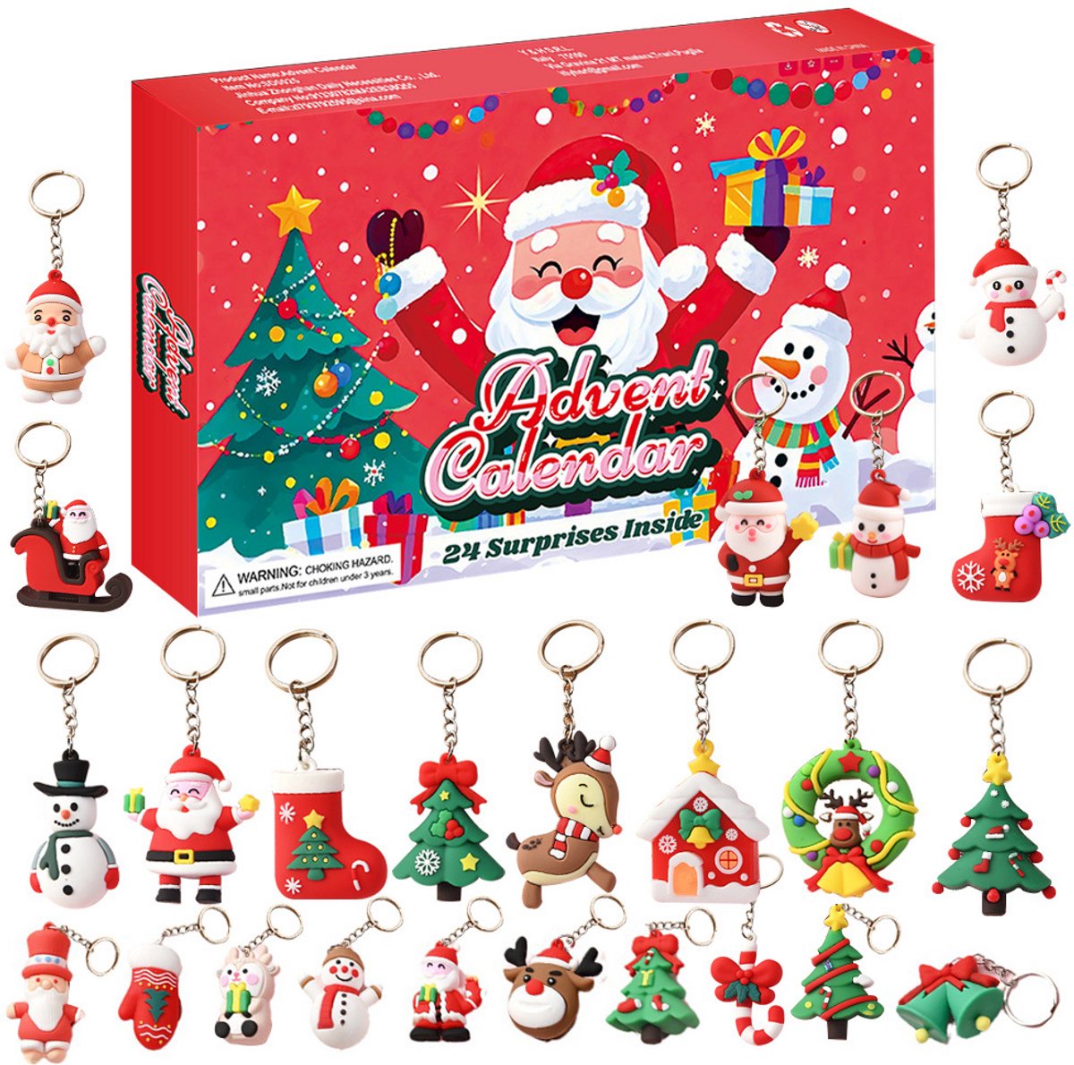 Kerst adventskalender met 24 kerstsleutelhangers en sneeuwpop, ideaal voor kinderen, tieners en vrouwen.