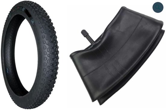 Set van een zwarte buitenband met grof profiel en een zwarte binnenband, beide voor een 16x4 inch fatbike.