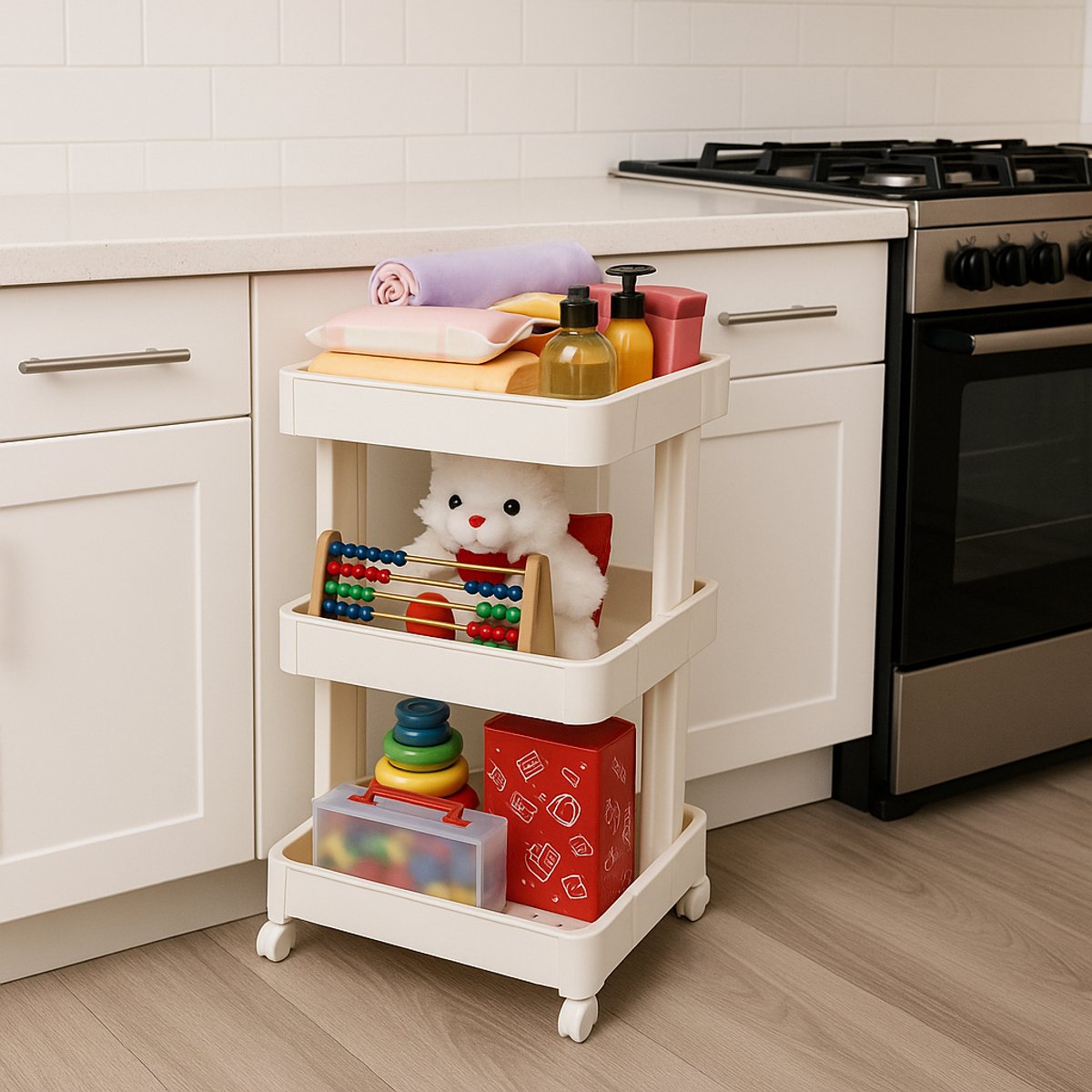 Motek® - Keukenrek opbergrek - 3 laags op Wieltjes met Vakken - kast - Keuken organizer - Keukentrolley met wielen - Badkamer - Crème