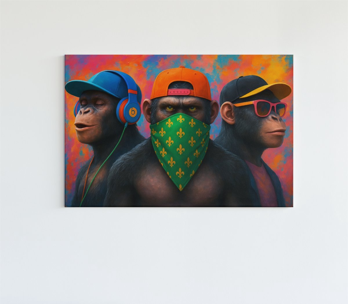 Trendex Global Canvas Schilderij – Apen – Drie Apen in Stijl – Dieren print op Canvas – 90x60x2 cm Kleurrijk