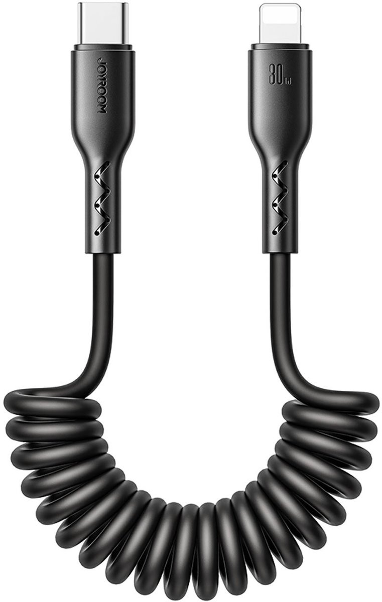 Joyroom - USB-C naar lightning Kabel - Krulsnoer - Uitrekbare oplaadkabel - Universele oplaadkabel - 1,5 m - 30W - Zwart