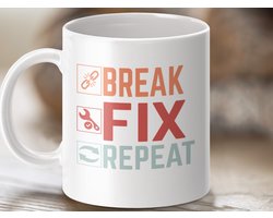Mok Break Fix Repeat programmeur, engineering, techniek, grappige programmeur mok, codeur cadeau, cadeau voor techneuten, programmeer mok