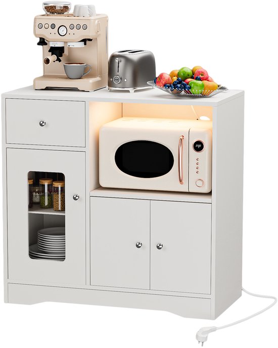 Buffet d'angle en Wood avec station de charge 2CA/ 2USB , buffet avec un tiroir, 2 portes, meuble latéral avec étagère pour micro-ondes, meuble buffet avec éclairage pour Kitchen et Living , prise UE, White