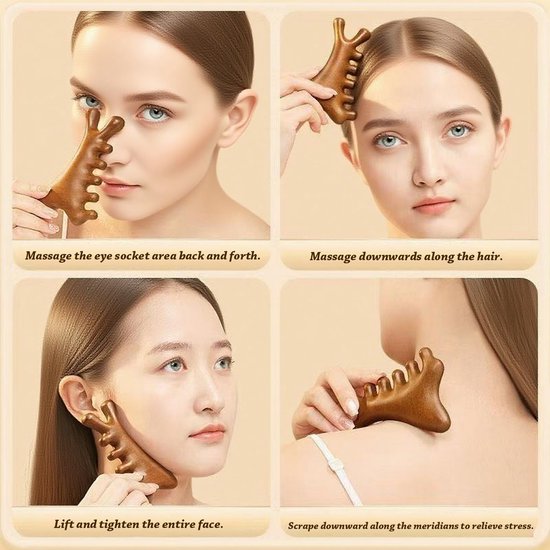 Massagekam - Kam - Gua Sha-massagetool - Hoofdhuidverzorgingsmassagekam - Gezichtsmassage - Combineert Gua Sha- en Shiatsu-functies - Geschikt voor dagelijkse verzorging thuis, ontspanning op kantoor en ontspanning op reis - bruin