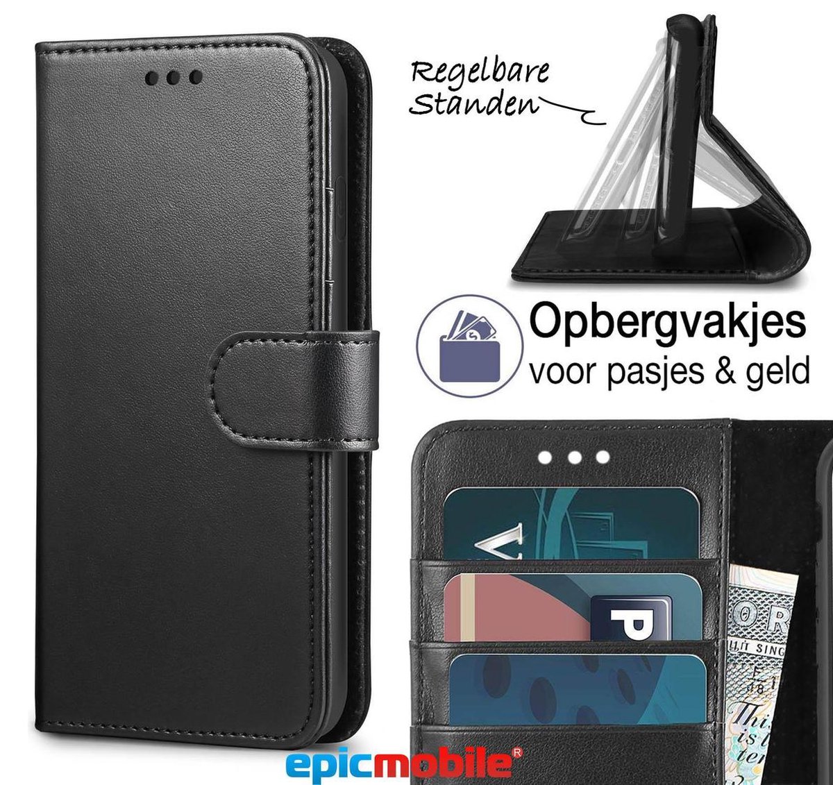 iPhone 12 Mini Book Case - Luxe portemonnee hoesje – iPhone 12 Mini hoesje wallet case - zwart - EPICMOBILE
