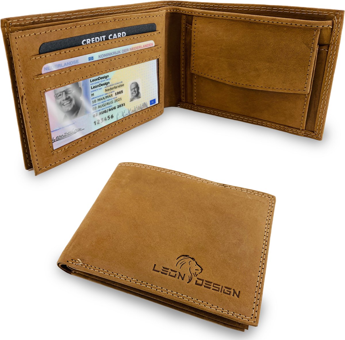 LeonDesign - Portemonnee - Portemonnee heren - Portemonnee jongens - Hunter Lichtbruin - Heren portemonnee - Heren portefeuille - Compact - Billfold model muntvak - Briefgeldvak - 11 pasjes - Leer