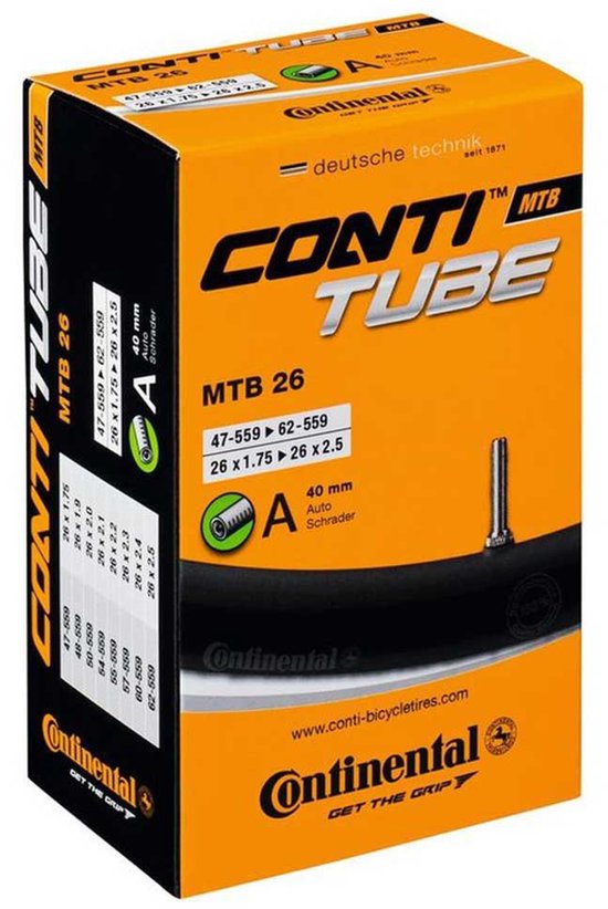 Conti Tube MTB 26, oranje verpakking met wielmaat 26 inch, bandbreedte 1.75 tot 2.5, en 40mm Schrader ventiel.